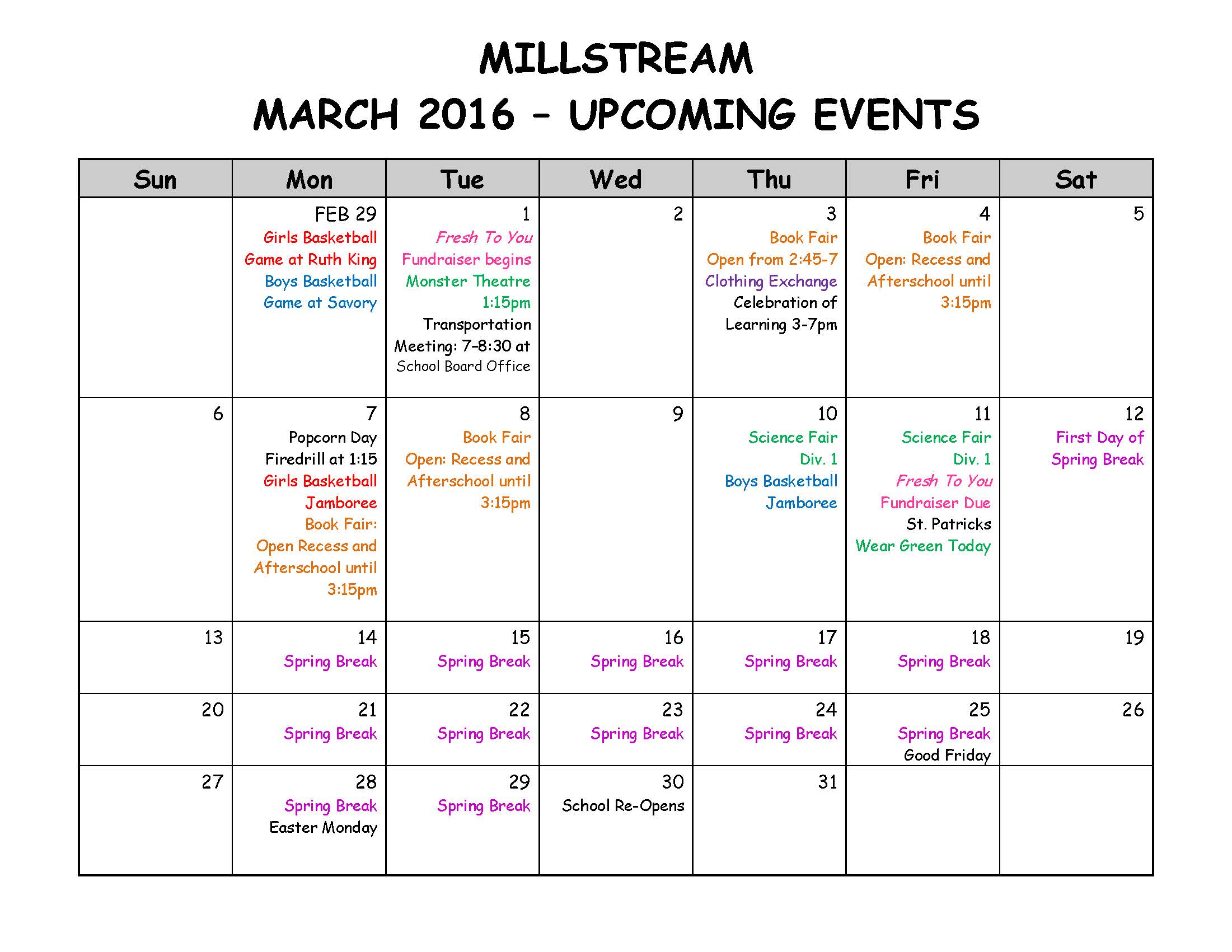 Calendar Millstream